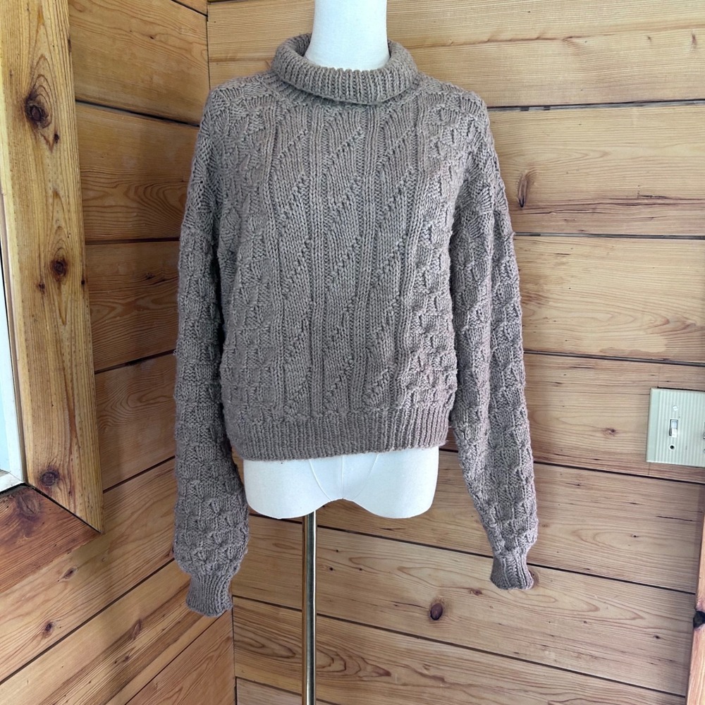 Vintage Wool Chunky Cable Knit Sweater Large Taupe Slouchy Handknit MCM